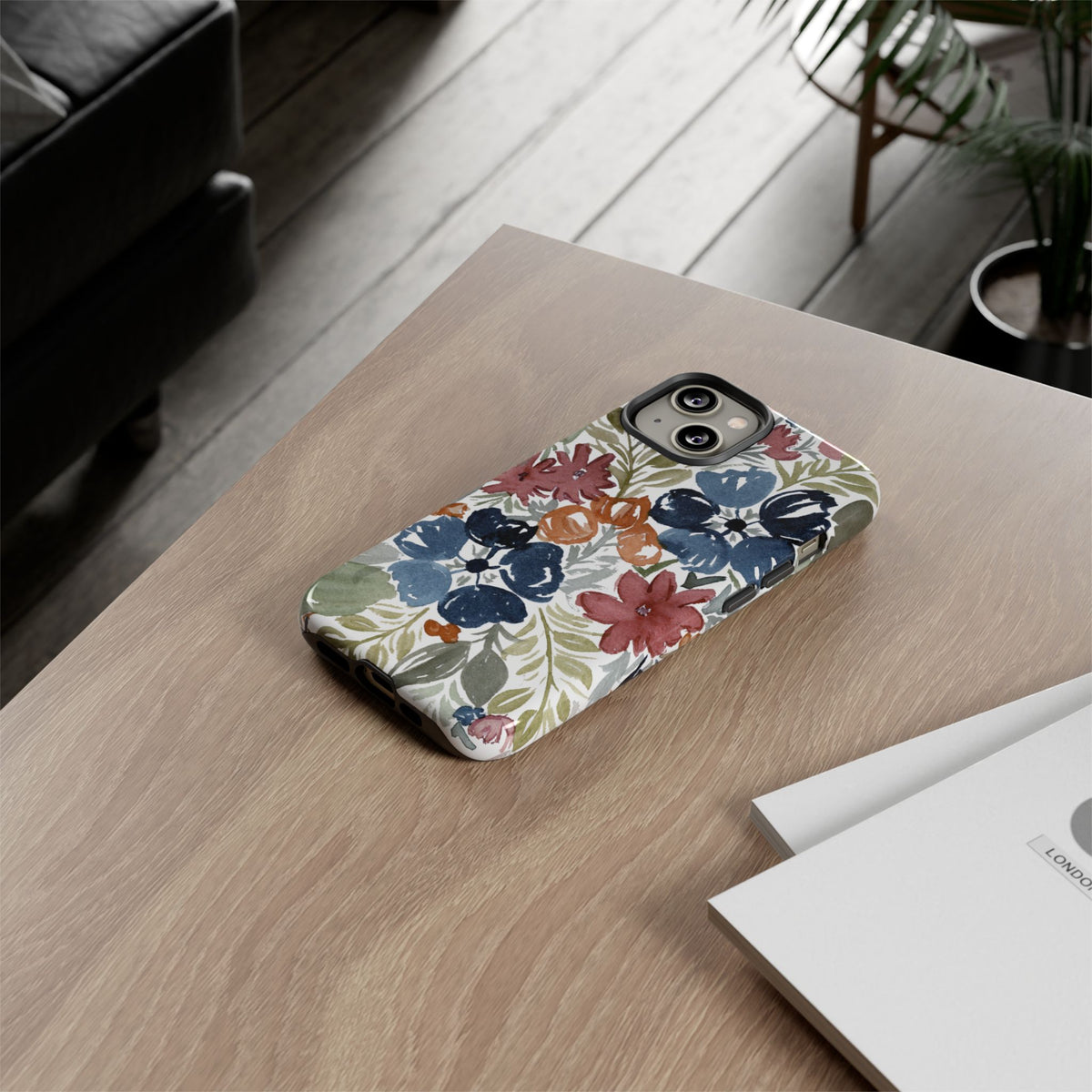 Floral Watercolor Tough Case — Protective Phone Case with Blue & Orange Fall Blooms