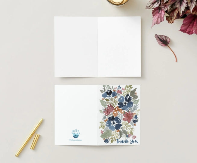 Navy and Orange Watercolor Floral Folded Thank You Card