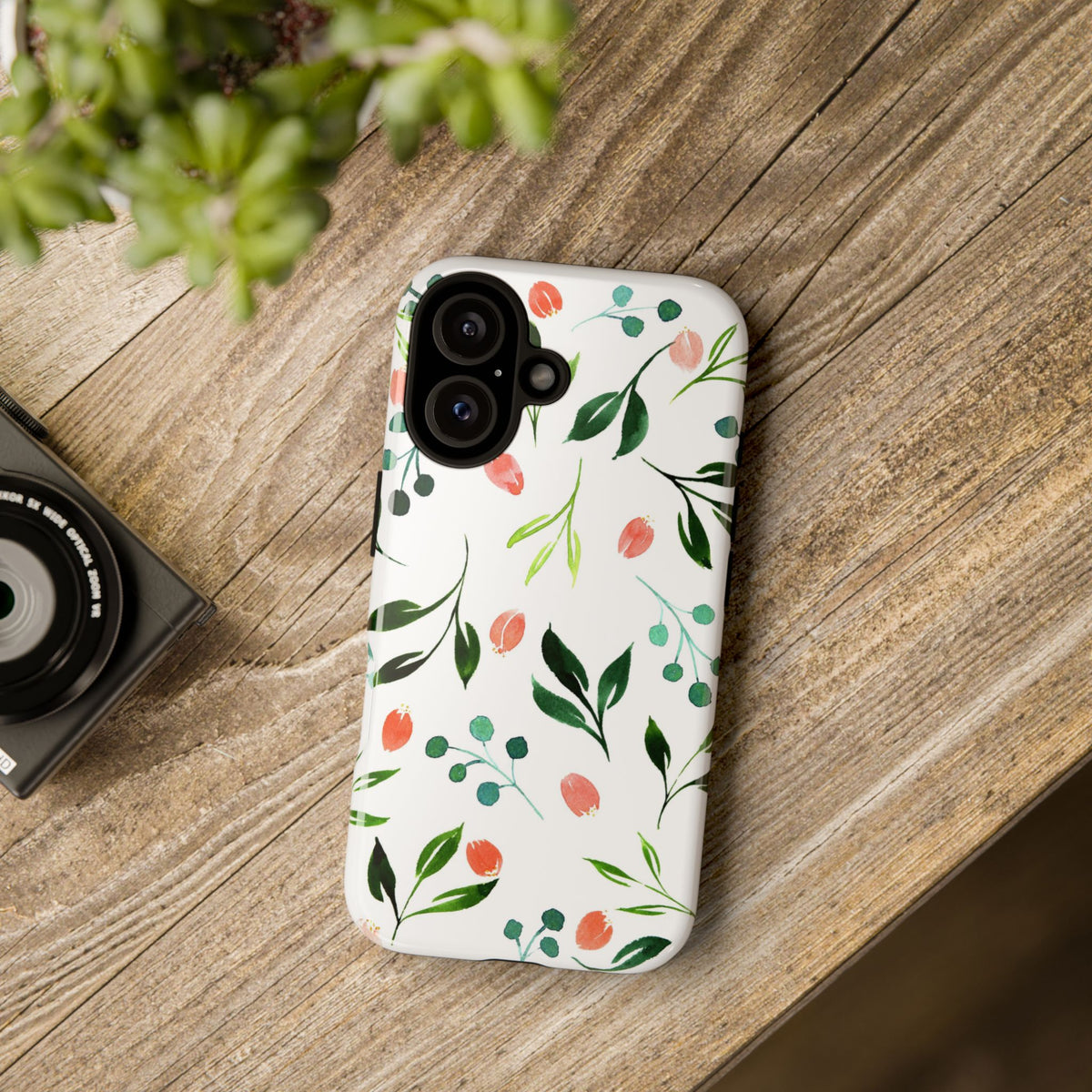 Floral Watercolor Tough Case – Protective Phone Case with Pink Tulip & Green Leaf Design