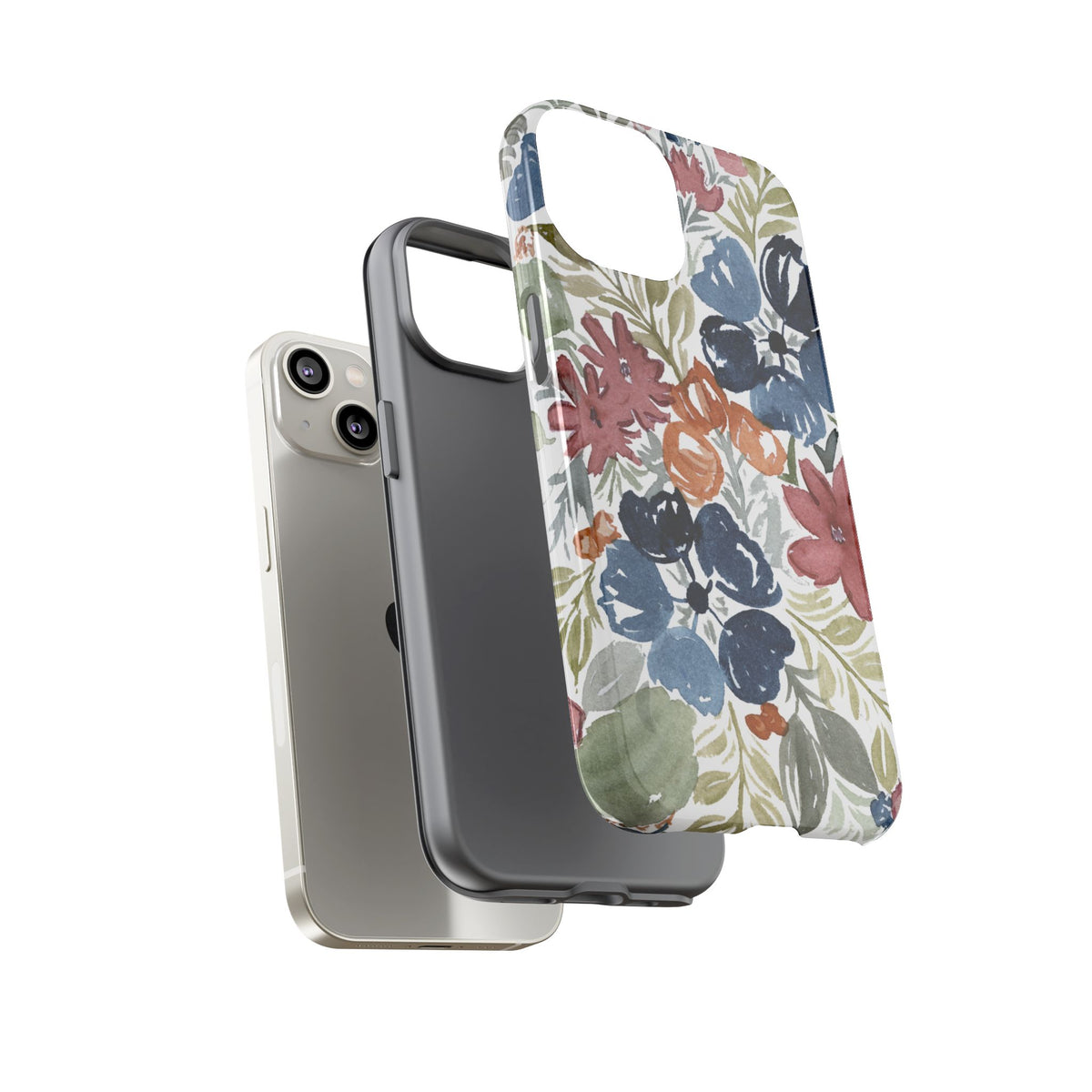 Floral Watercolor Tough Case — Protective Phone Case with Blue & Orange Fall Blooms