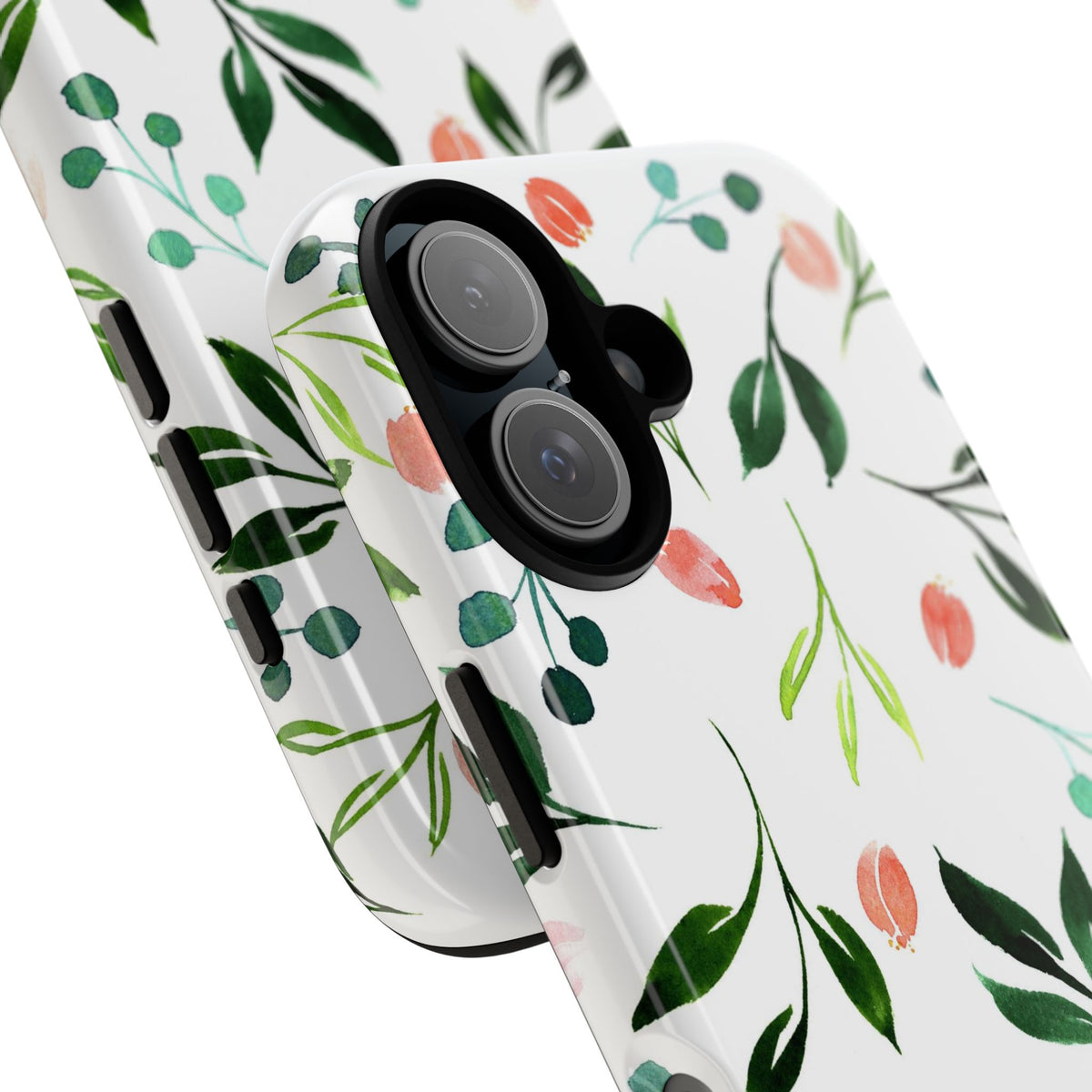 Floral Watercolor Tough Case – Protective Phone Case with Pink Tulip & Green Leaf Design