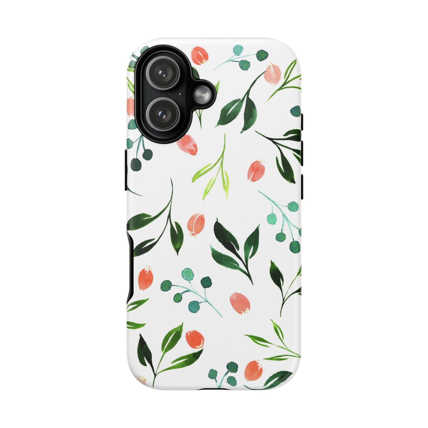 Floral Watercolor Tough Case – Protective Phone Case with Pink Tulip & Green Leaf Design