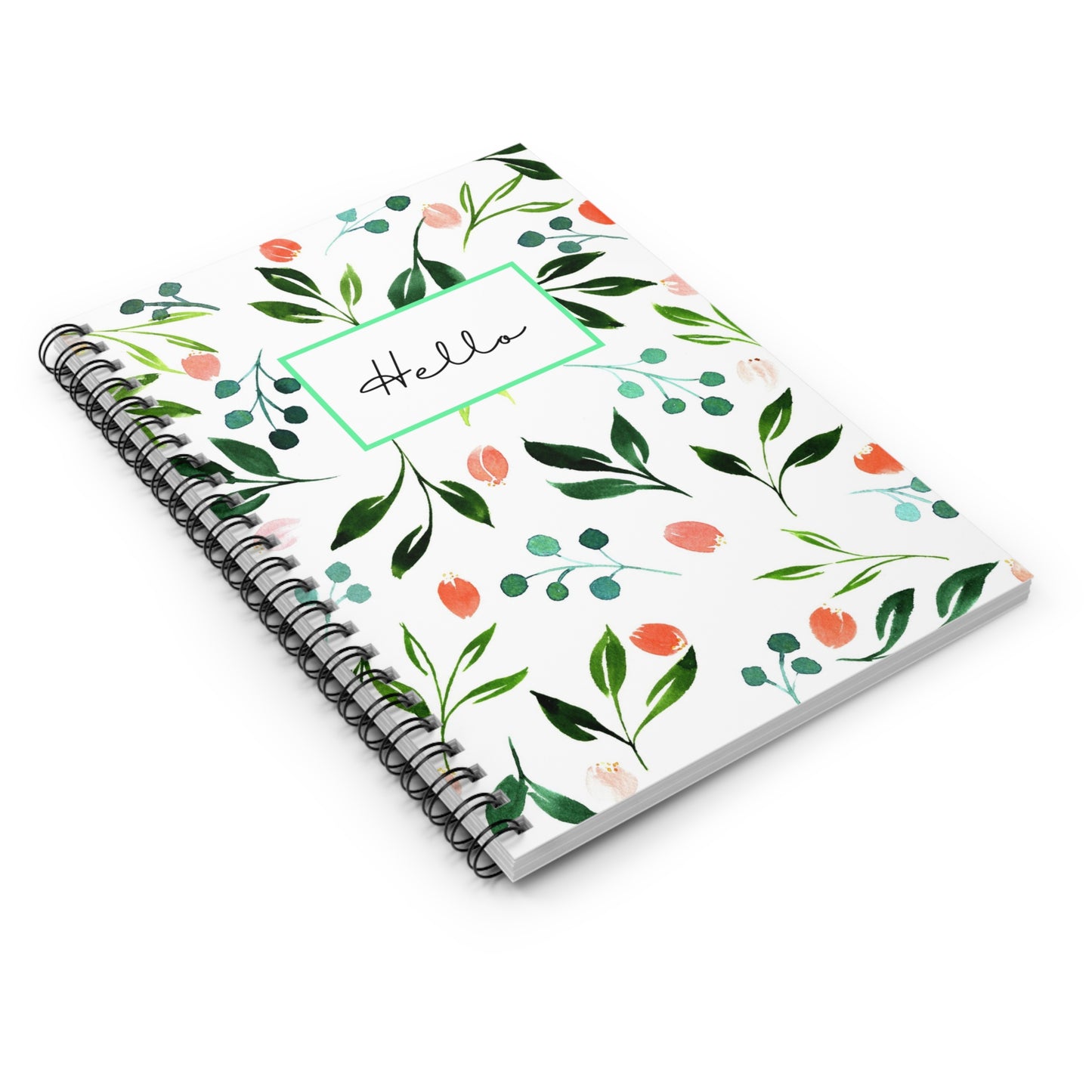 Green Floral "Hello" Spiral Notebook - Ruled Line