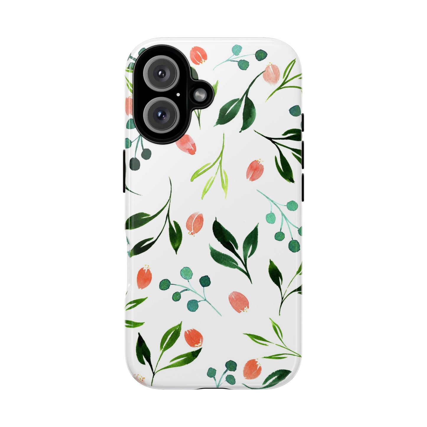 Floral Watercolor Tough Case – Protective Phone Case with Pink Tulip & Green Leaf Design