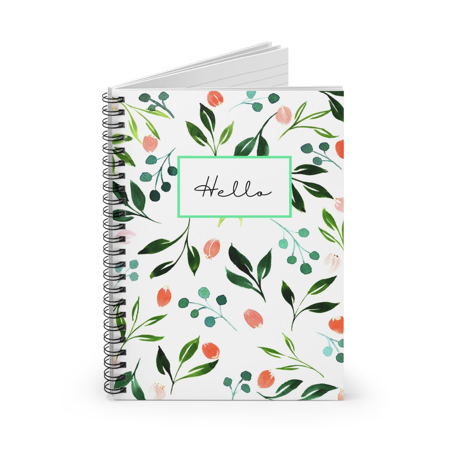 Green Floral "Hello" Spiral Notebook - Ruled Line