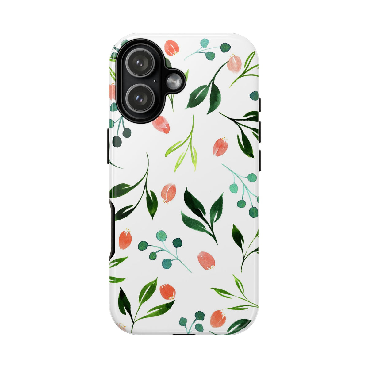 Floral Watercolor Tough Case – Protective Phone Case with Pink Tulip & Green Leaf Design