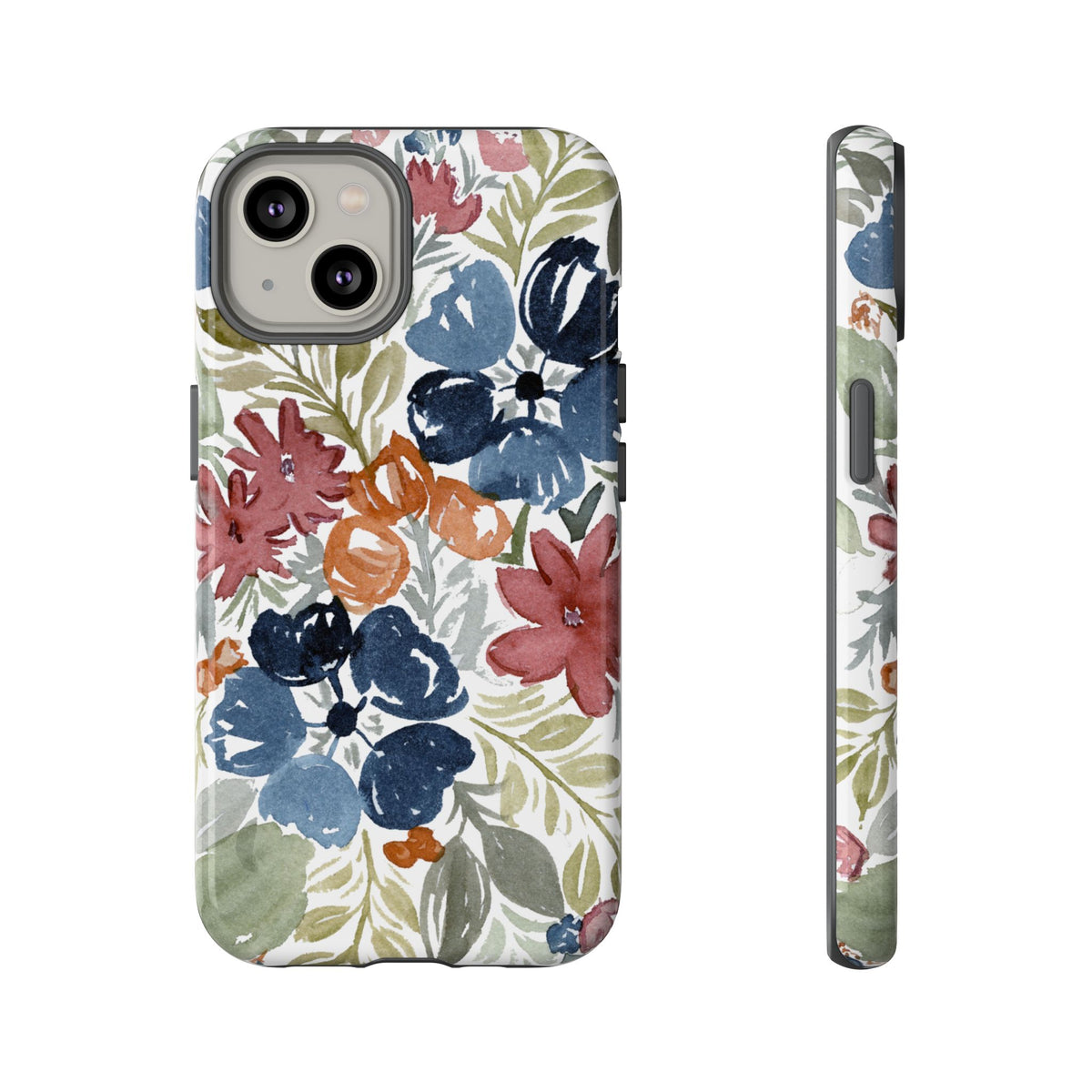 Floral Watercolor Tough Case — Protective Phone Case with Blue & Orange Fall Blooms