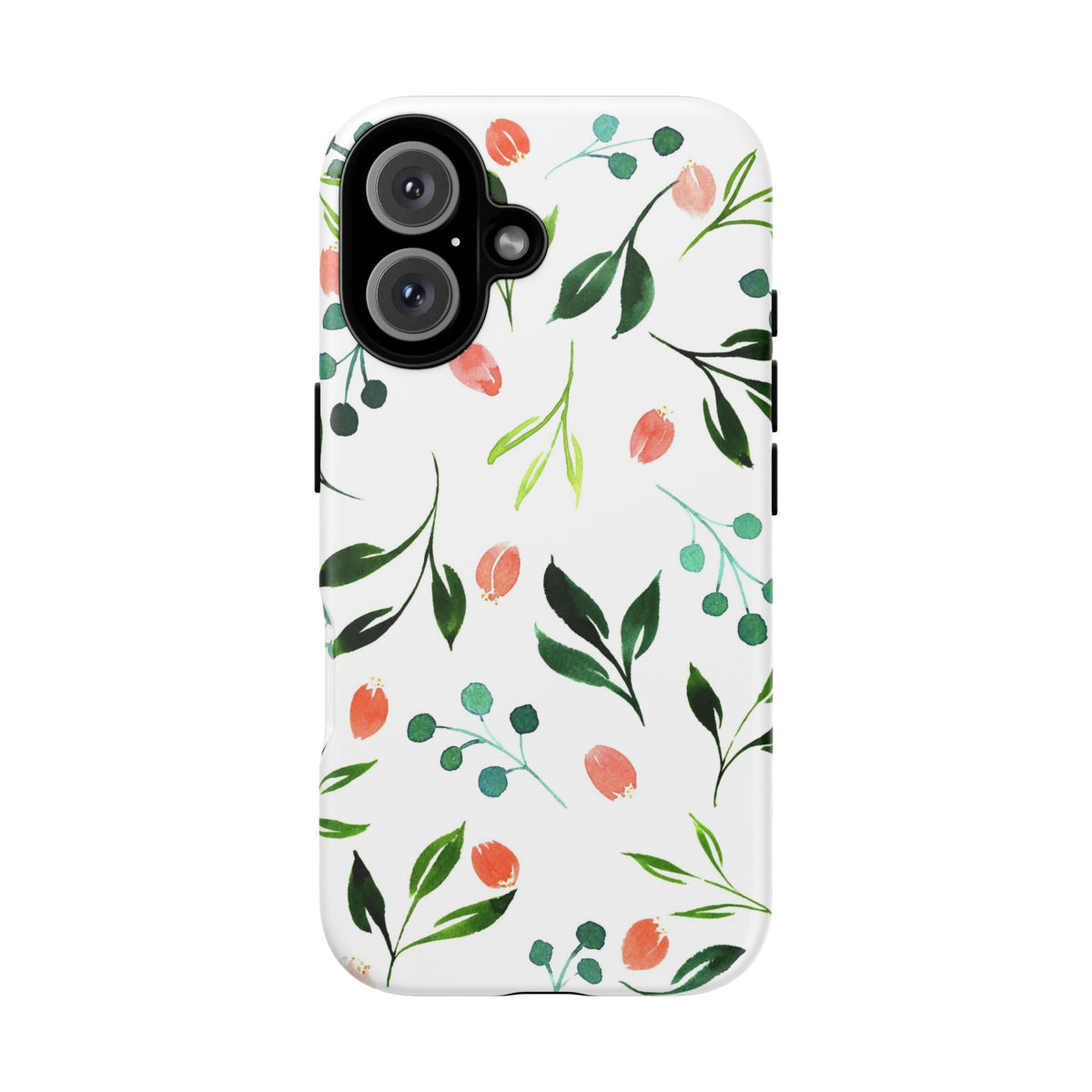 Floral Watercolor Tough Case – Protective Phone Case with Pink Tulip & Green Leaf Design