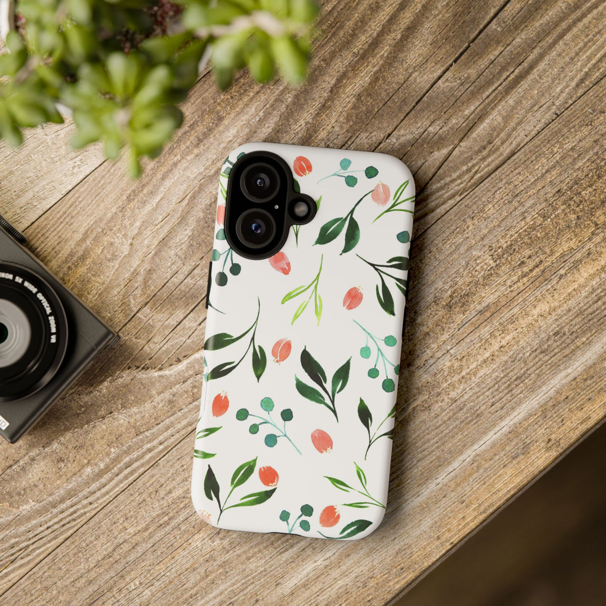 Floral Watercolor Tough Case – Protective Phone Case with Pink Tulip & Green Leaf Design