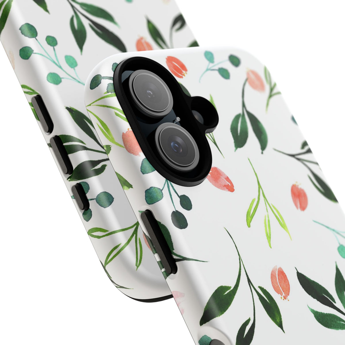 Floral Watercolor Tough Case – Protective Phone Case with Pink Tulip & Green Leaf Design