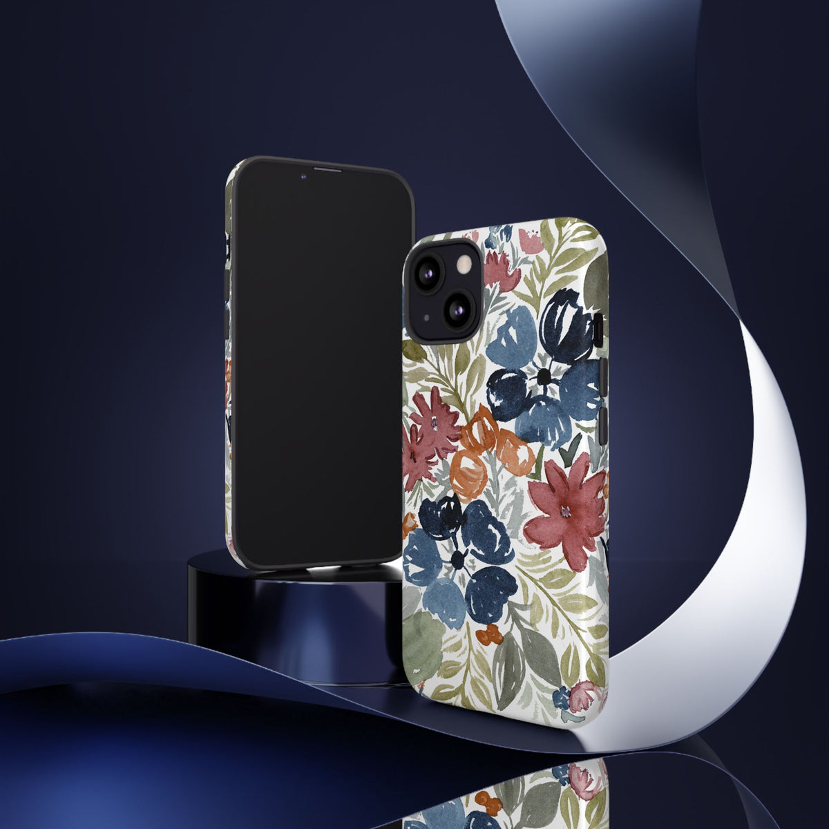 Floral Watercolor Tough Case — Protective Phone Case with Blue & Orange Fall Blooms