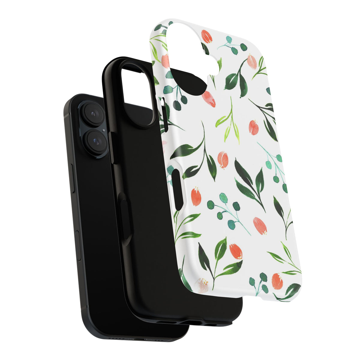 Floral Watercolor Tough Case – Protective Phone Case with Pink Tulip & Green Leaf Design