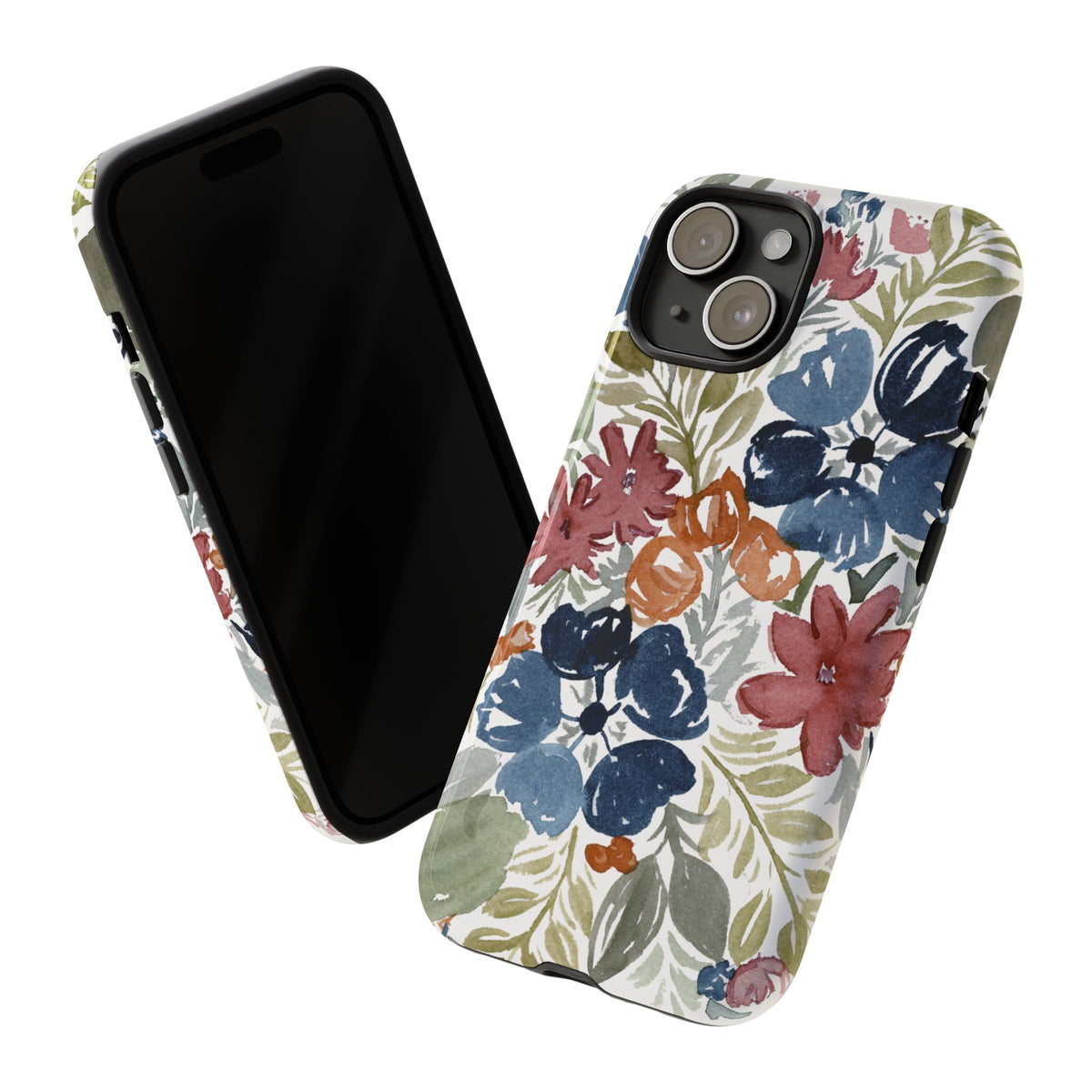 Floral Watercolor Tough Case — Protective Phone Case with Blue & Orange Fall Blooms