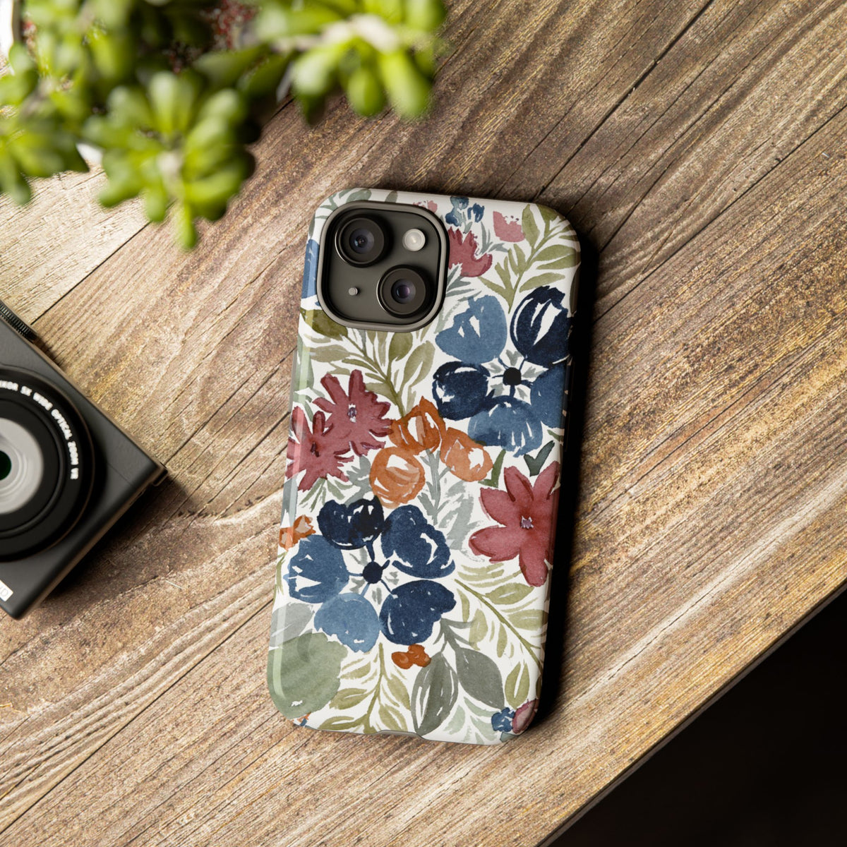 Floral Watercolor Tough Case — Protective Phone Case with Blue & Orange Fall Blooms