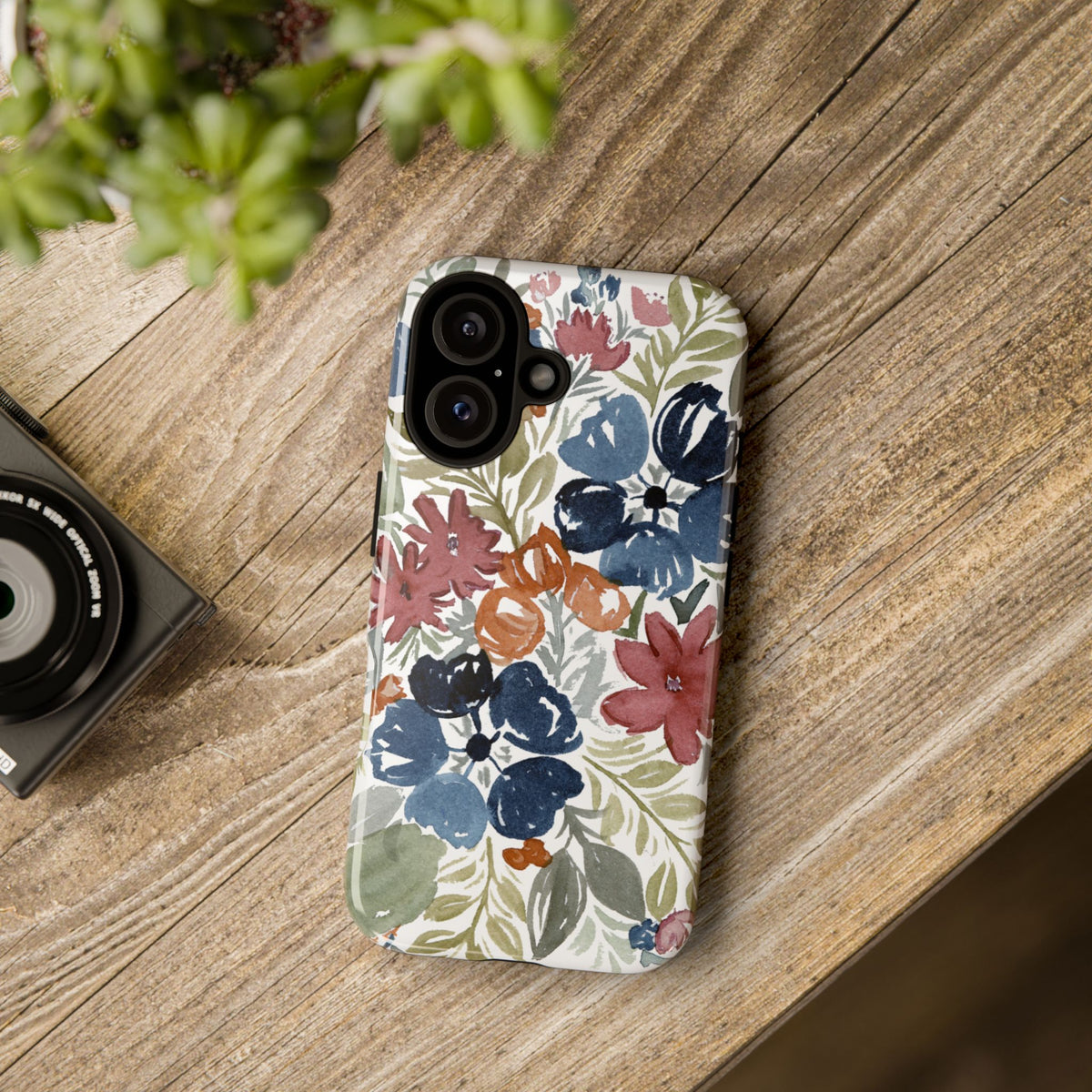 Floral Watercolor Tough Case — Protective Phone Case with Blue & Orange Fall Blooms