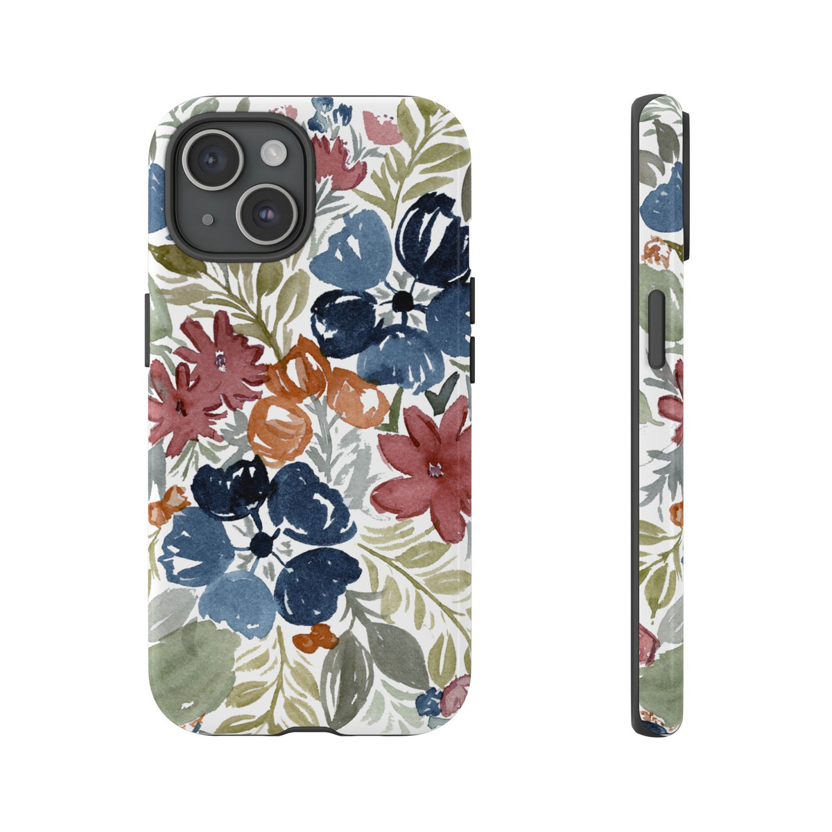 Floral Watercolor Tough Case — Protective Phone Case with Blue & Orange Fall Blooms