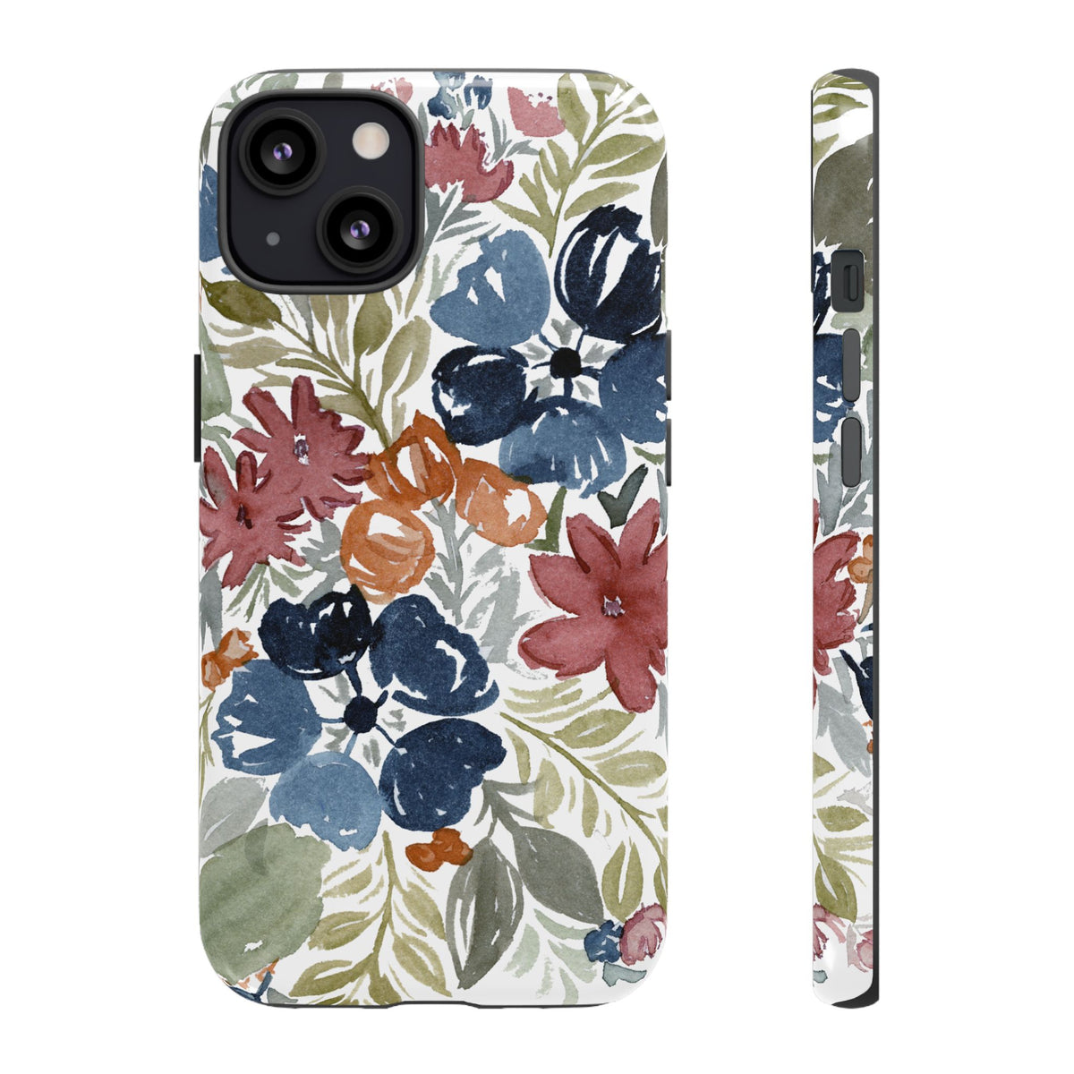 Floral Watercolor Tough Case — Protective Phone Case with Blue & Orange Fall Blooms