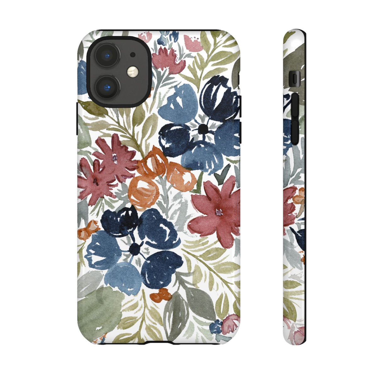 Floral Watercolor Tough Case — Protective Phone Case with Blue & Orange Fall Blooms