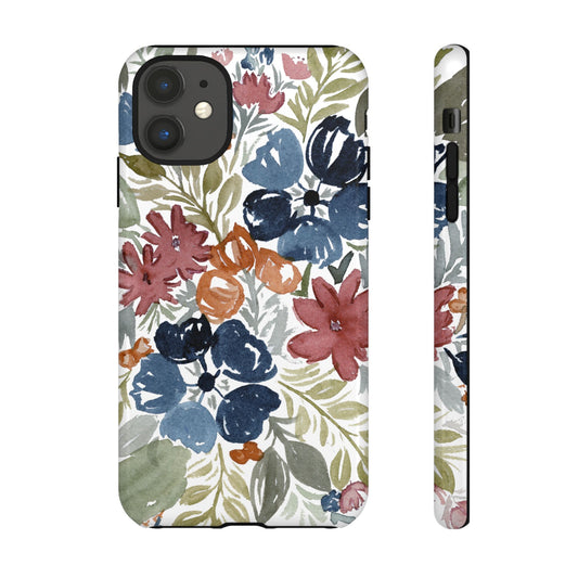 Floral Watercolor Tough Case — Protective Phone Case with Blue & Orange Fall Blooms