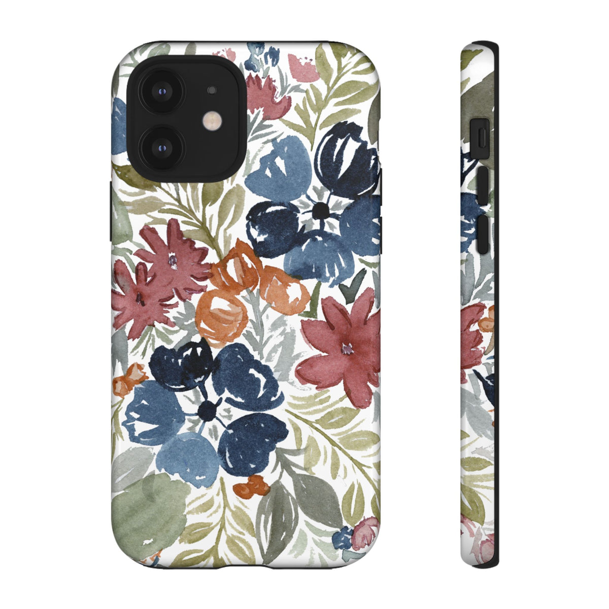 Floral Watercolor Tough Case — Protective Phone Case with Blue & Orange Fall Blooms