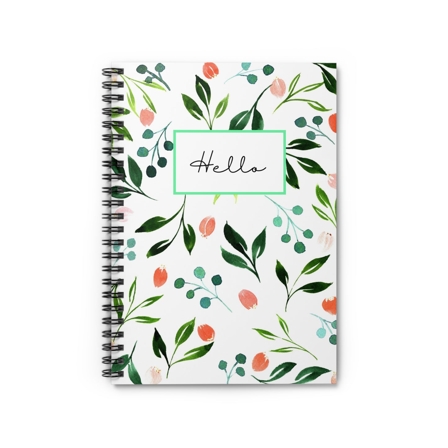 Green Floral "Hello" Spiral Notebook - Ruled Line