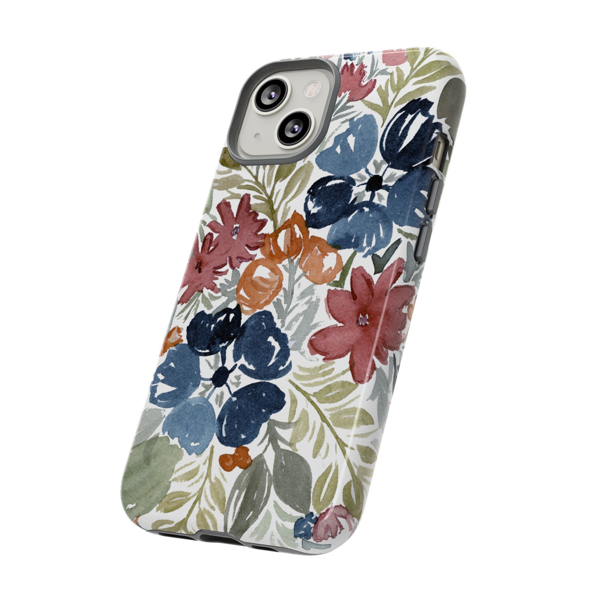Floral Watercolor Tough Case — Protective Phone Case with Blue & Orange Fall Blooms