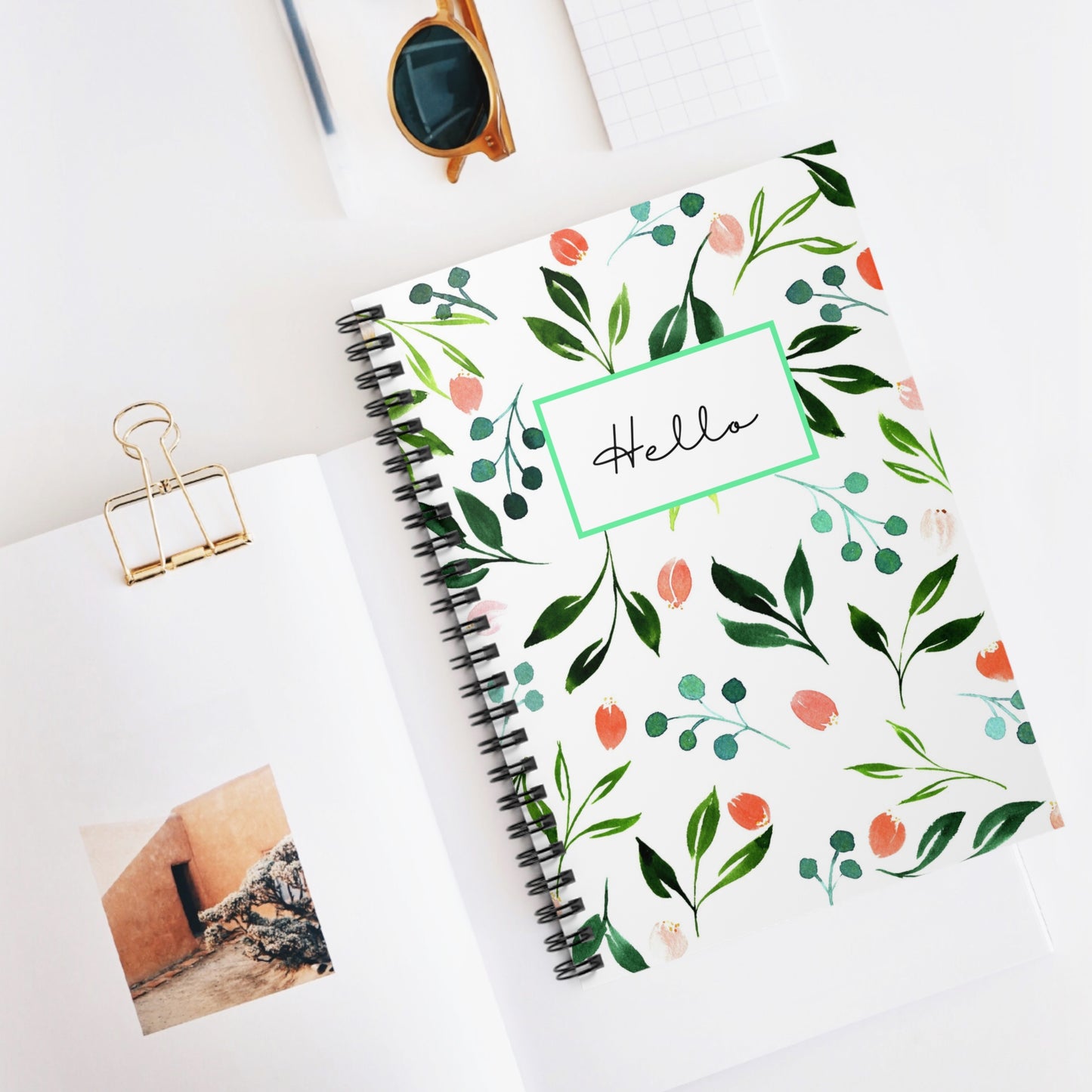 Green Floral "Hello" Spiral Notebook - Ruled Line