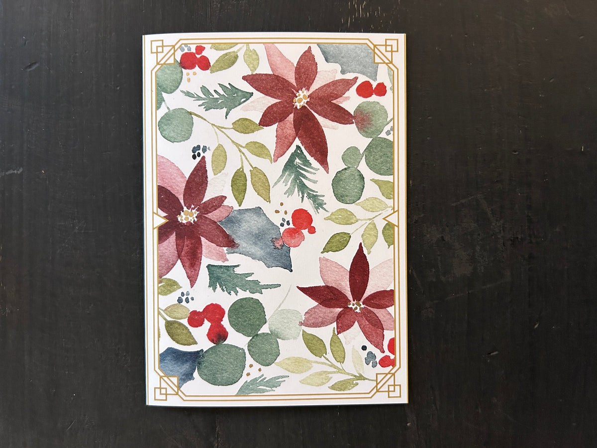 Christmas Greeting Card Gold Poinsettia Holly Pattern