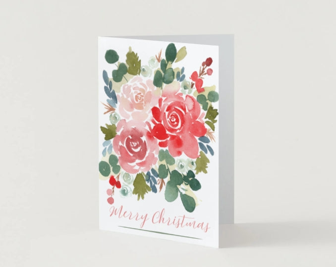 Christmas Card Red Rose Watercolor Floral Design