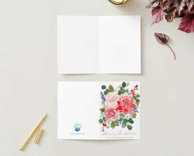 Christmas Card Red Rose Watercolor Floral Design