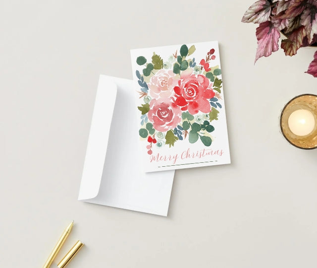 Christmas Card Red Rose Watercolor Floral Design