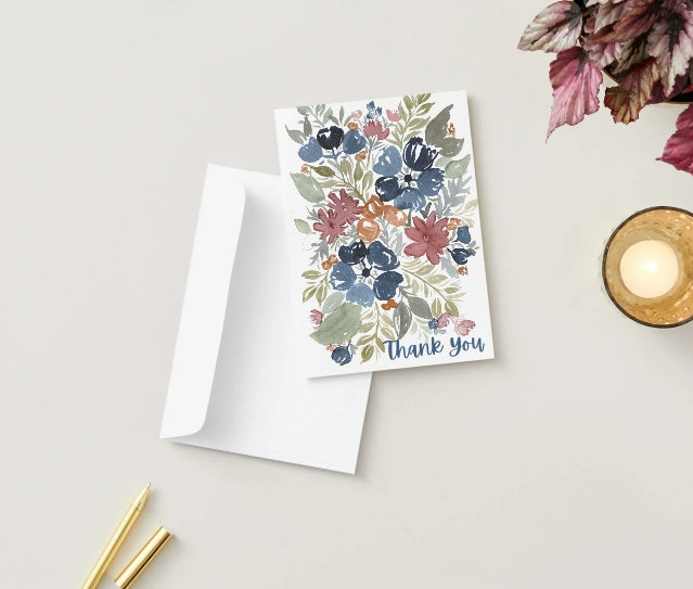 Navy and Orange Watercolor Floral Folded Thank You Card