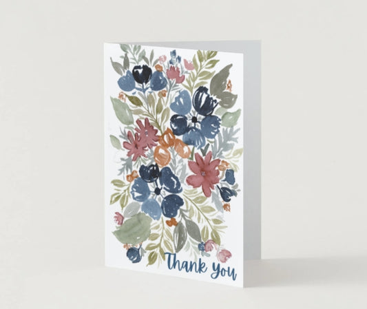 Navy and Orange Watercolor Floral Folded Thank You Card