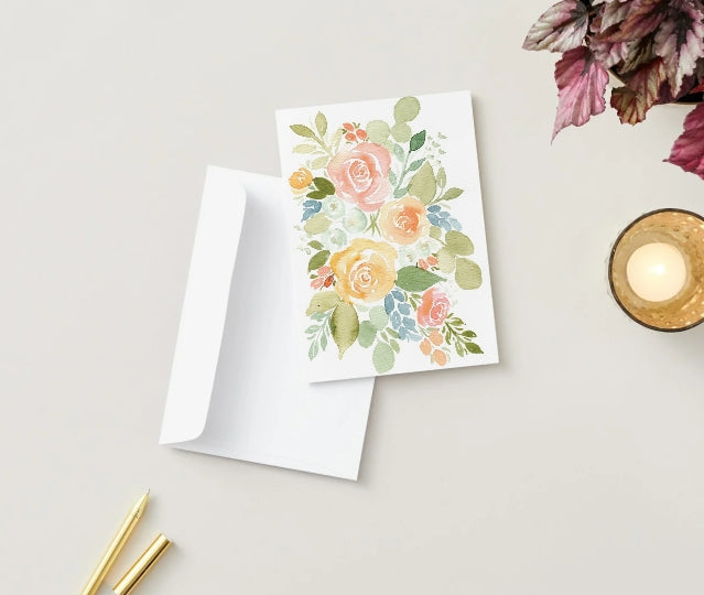 Orange Watercolor Floral Blank Folded Card with Envelope