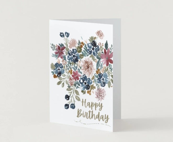Fall Navy and Pink Floral Watercolor Folded Birthday Card with Envelope