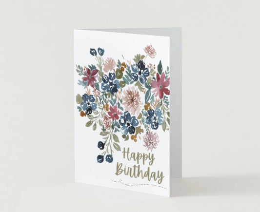 Fall Navy and Pink Floral Watercolor Folded Birthday Card with Envelope
