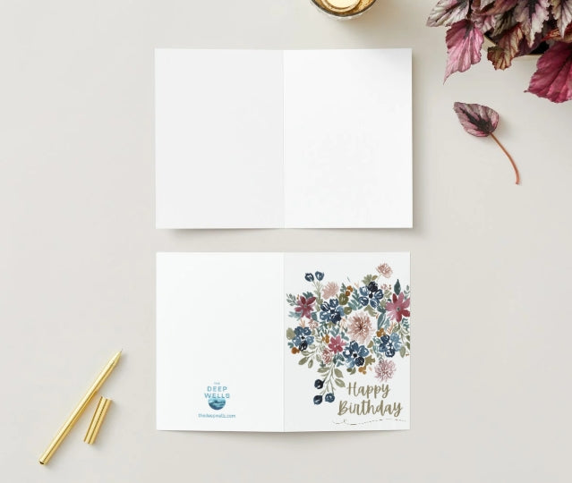 Fall Navy and Pink Floral Watercolor Folded Birthday Card with Envelope