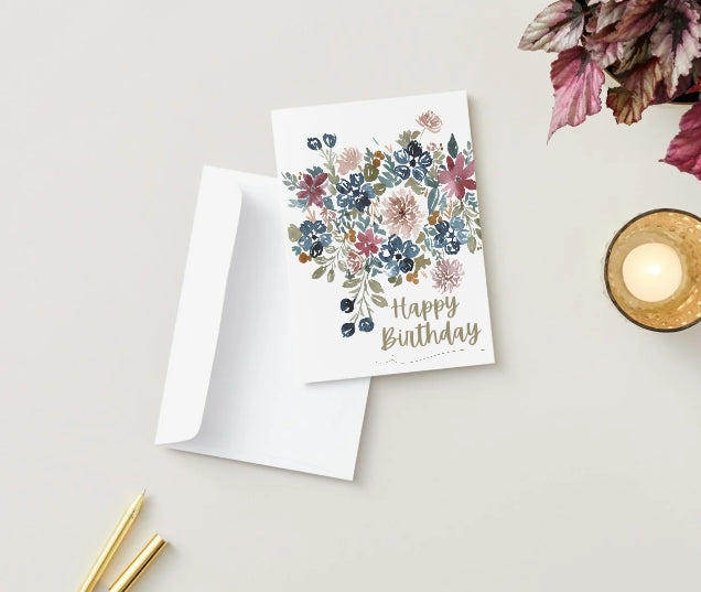 Fall Navy and Pink Floral Watercolor Folded Birthday Card with Envelope