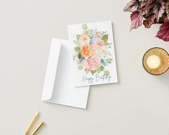 Watercolor Floral Happy Birthday Folded Card